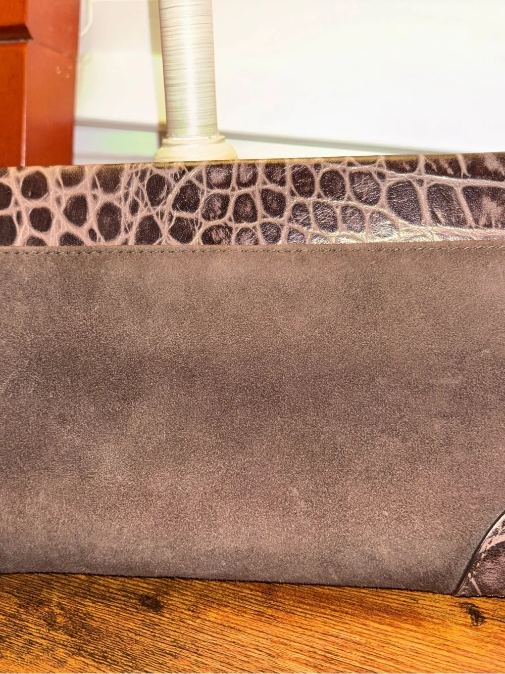 Via Spiga Dark Brown Suede & Croc-Embossed Leather Briefcase